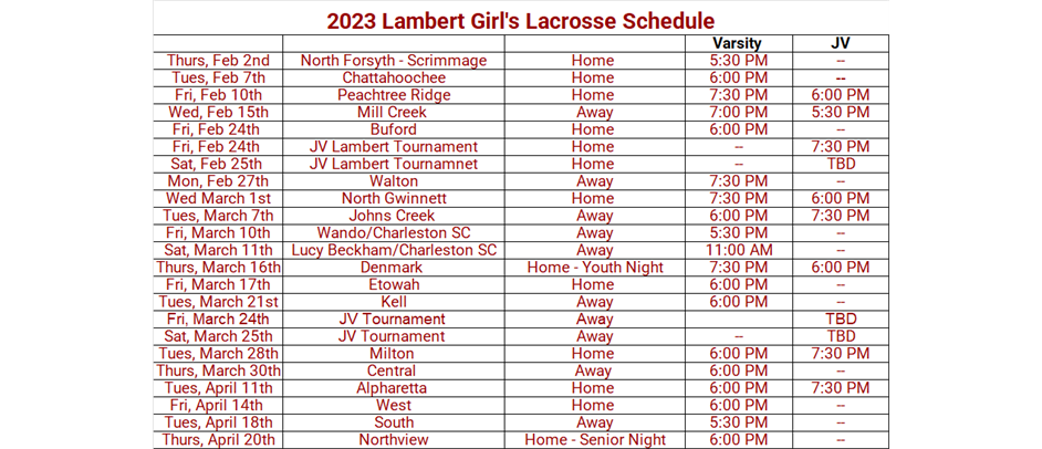 JV and Varsity Schedule
